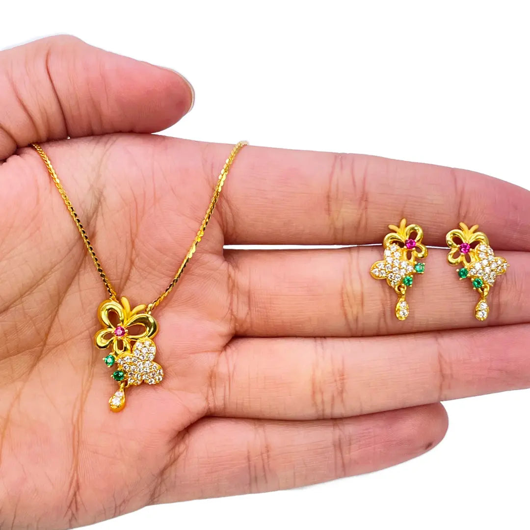 22ct Yellow Gold Floral Butterfly Necklace and Earrings Set 18.5 inches 