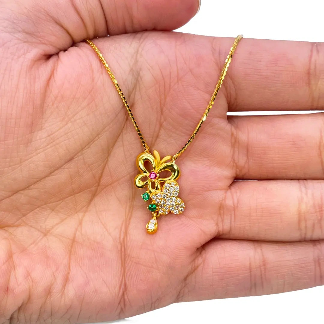 22ct Yellow Gold Floral Butterfly Necklace and Earrings Set 18.5 inches 