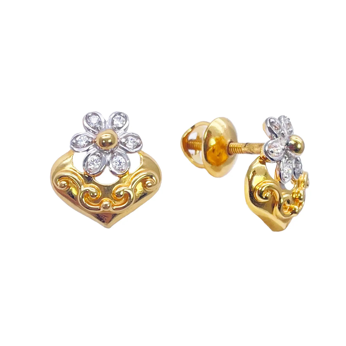 22ct Yellow Gold Floral High Polished Two-Tone Stud Earrings 11mm Width 