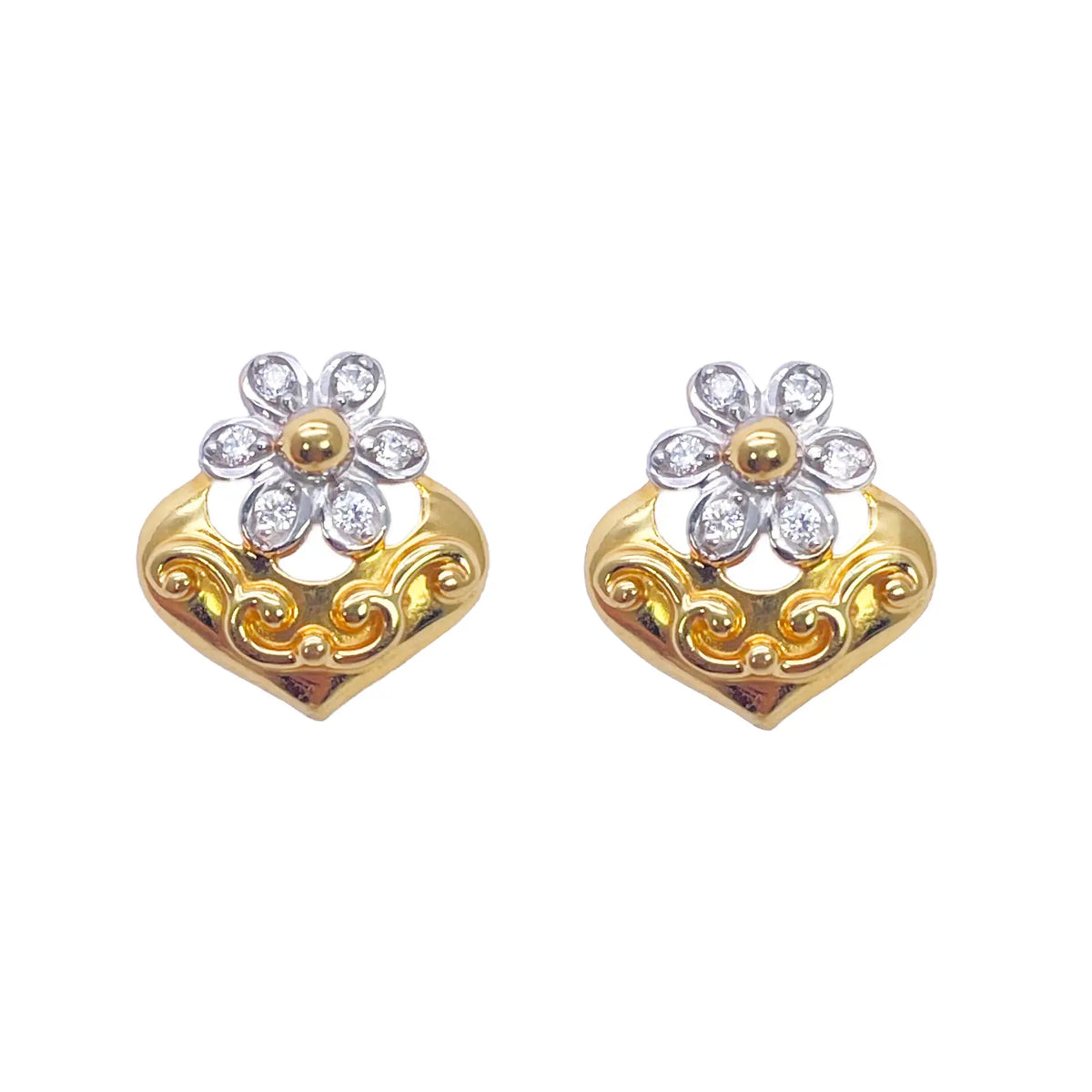 22ct Yellow Gold Floral High Polished Two-Tone Stud Earrings 11mm Width 