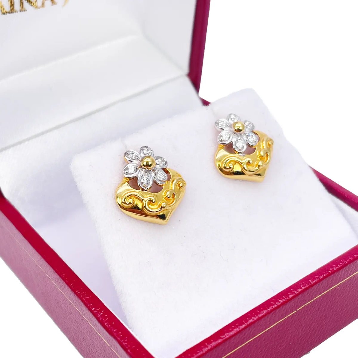 22ct Yellow Gold Floral High Polished Two-Tone Stud Earrings 11mm Width 