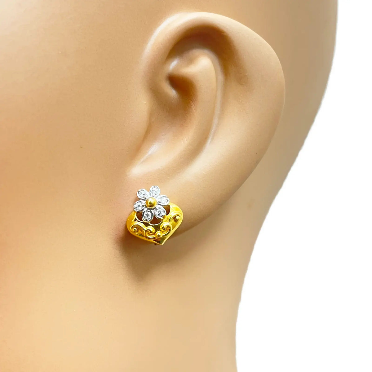 22ct Yellow Gold Floral High Polished Two-Tone Stud Earrings 11mm Width 