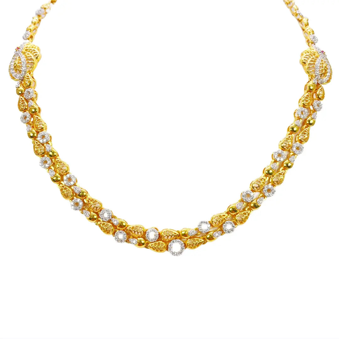 22ct Yellow Gold Floral Layered Cubic Zirconia Elegant Necklace & Earrings Set 