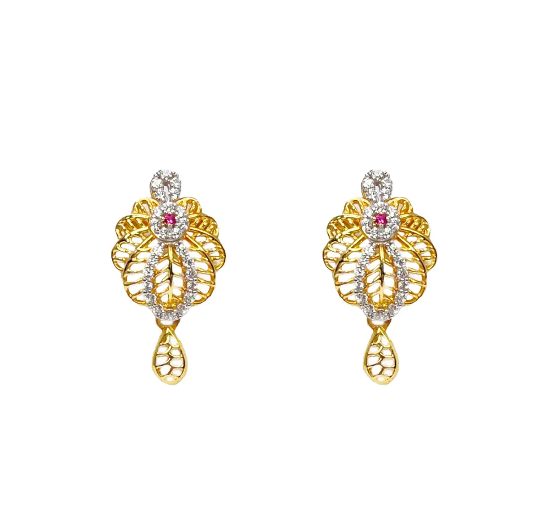 22ct Yellow Gold Floral Layered Cubic Zirconia Elegant Necklace & Earrings Set 