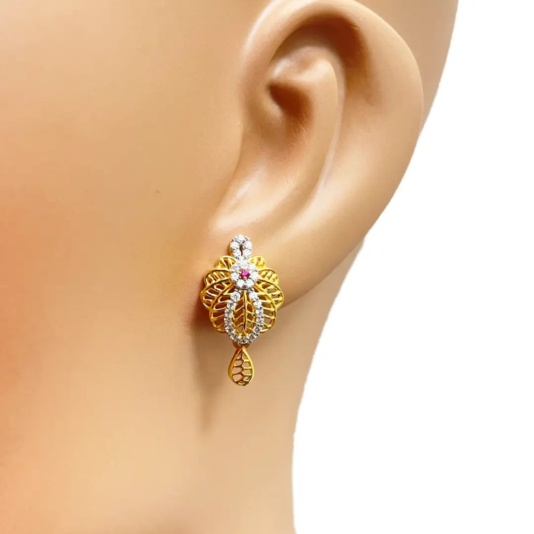 22ct Yellow Gold Floral Layered Cubic Zirconia Elegant Necklace & Earrings Set 