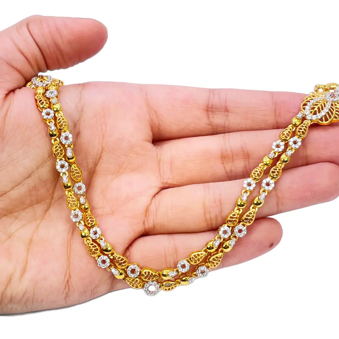 22ct Yellow Gold Floral Layered Cubic Zirconia Elegant Necklace & Earrings Set 