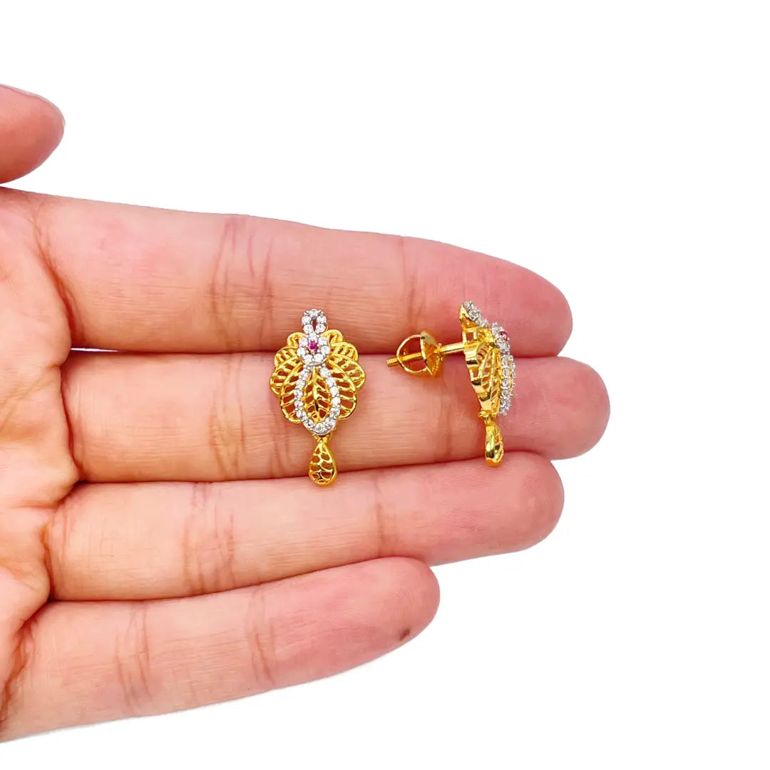 22ct Yellow Gold Floral Layered Cubic Zirconia Elegant Necklace & Earrings Set 