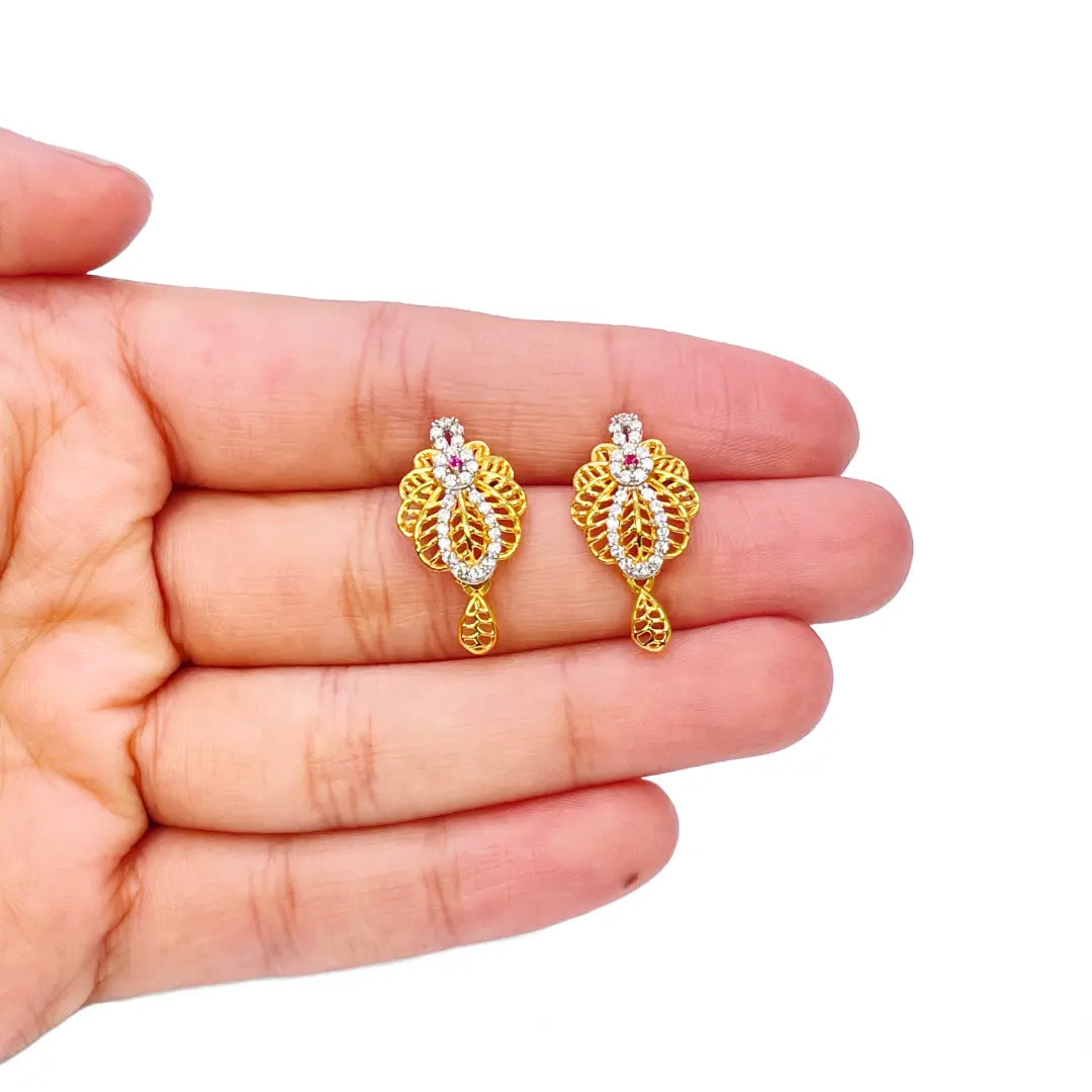 22ct Yellow Gold Floral Layered Cubic Zirconia Elegant Necklace & Earrings Set 