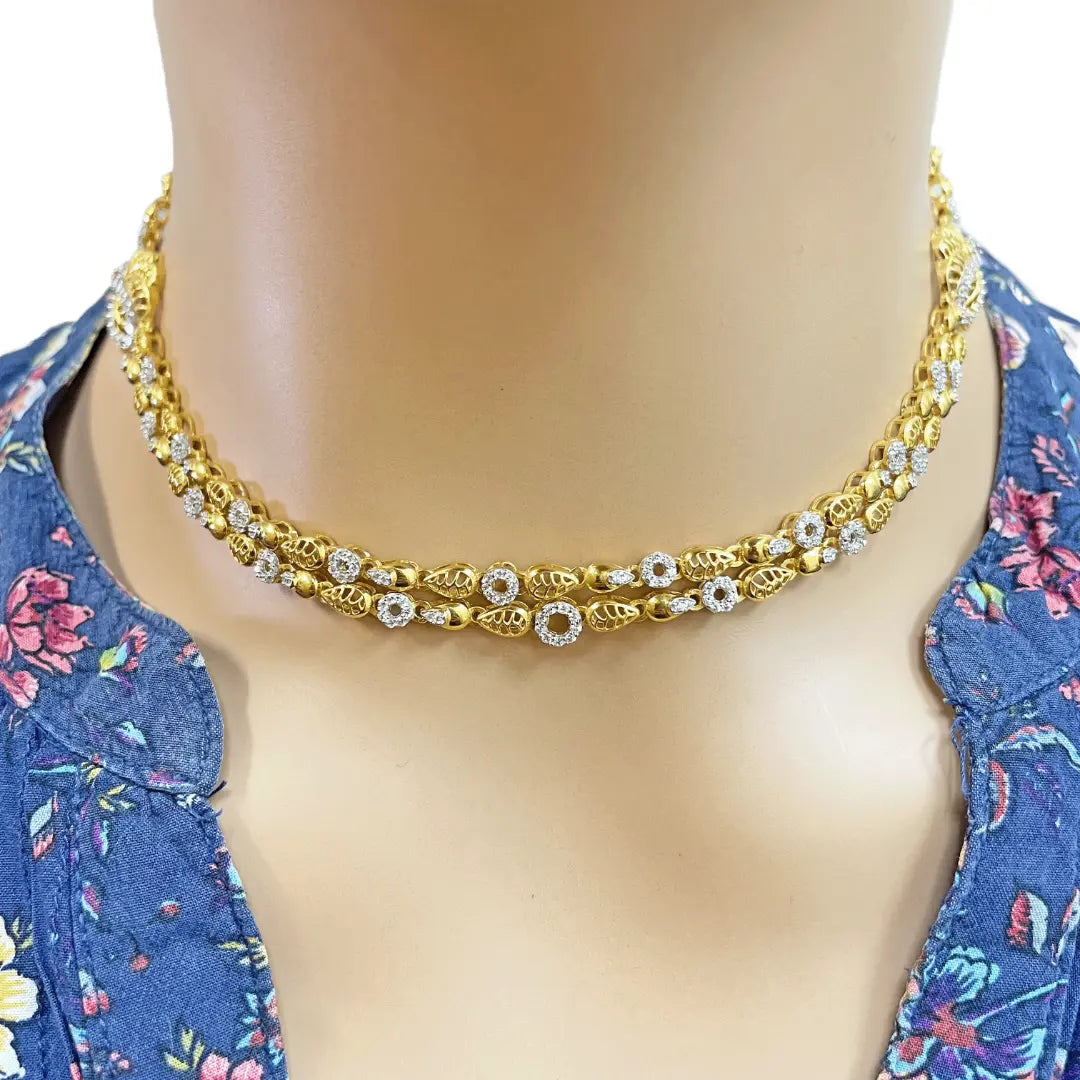 22ct Yellow Gold Floral Layered Cubic Zirconia Elegant Necklace & Earrings Set 