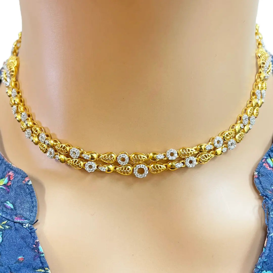 22ct Yellow Gold Floral Layered Cubic Zirconia Elegant Necklace & Earrings Set 