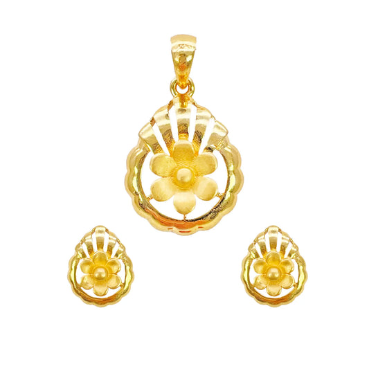 22ct Yellow Gold Floral Open Circle Scallop Pendant & Earring Set  Jewellery Set