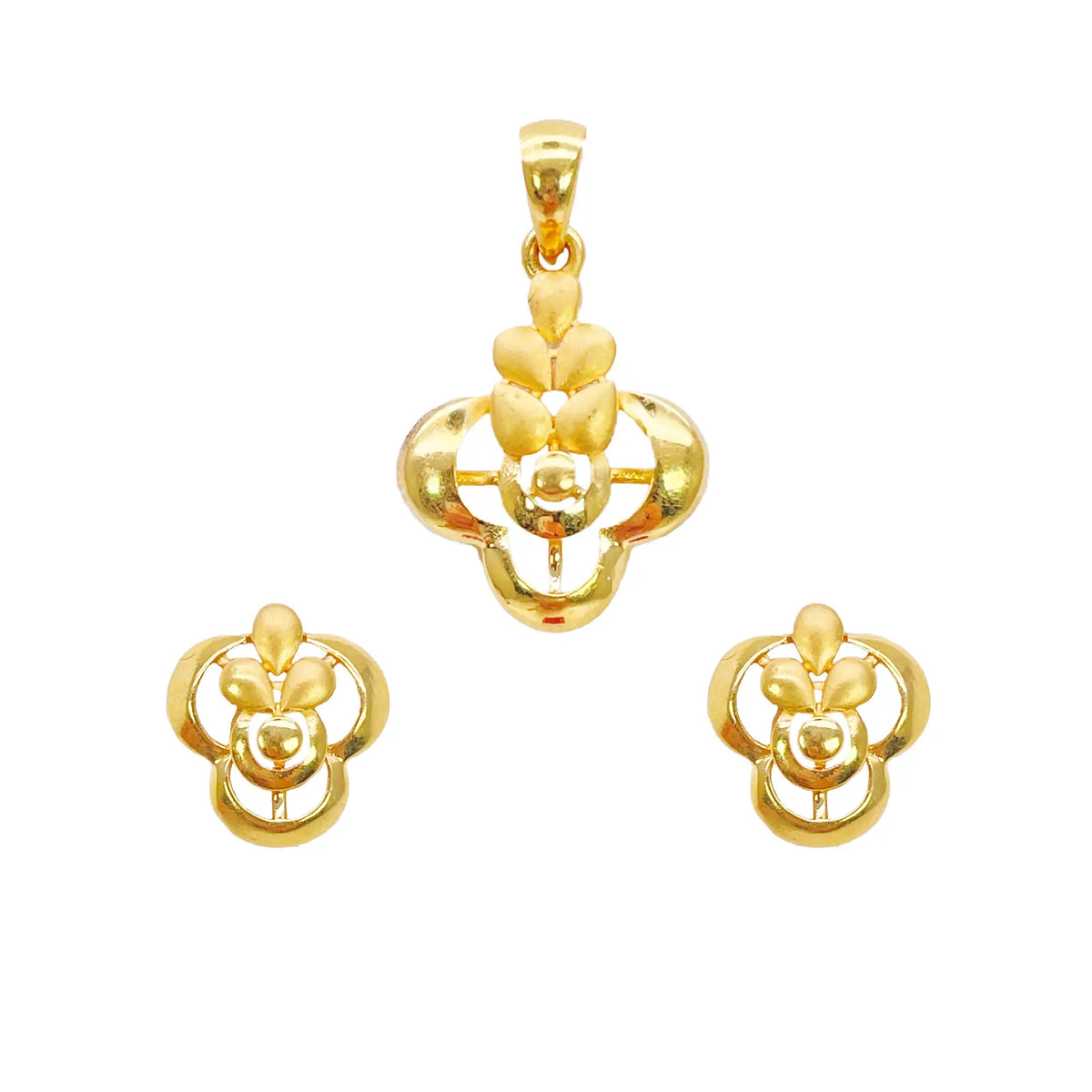 22ct Yellow Gold Floral Pendant & Stud Earring Set High Polish & Matt Finish  Gold Necklace