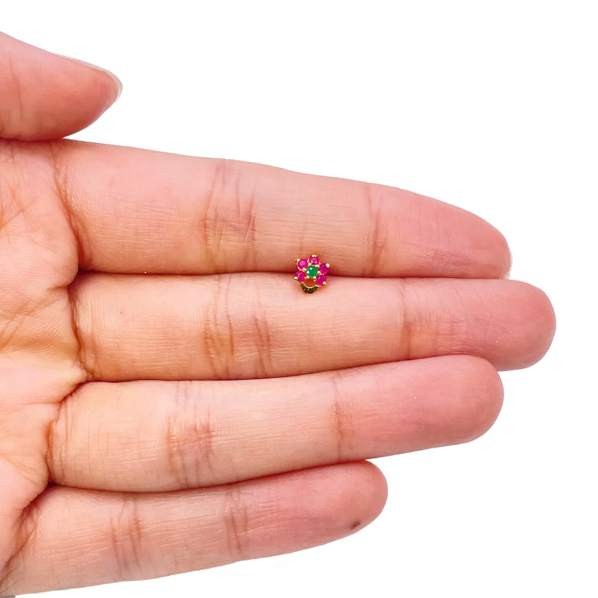 22ct Yellow Gold Floral Shaped Red & Green Gemstone Nose Pin/Stud 5.1mm Width 