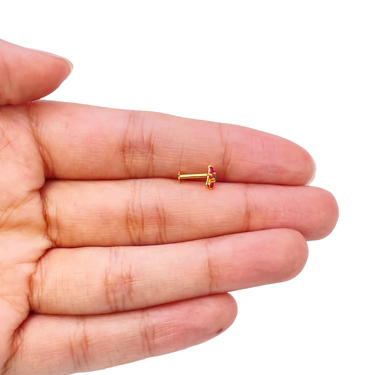22ct Yellow Gold Floral Shaped Red & Green Gemstone Nose Pin/Stud 5.1mm Width 