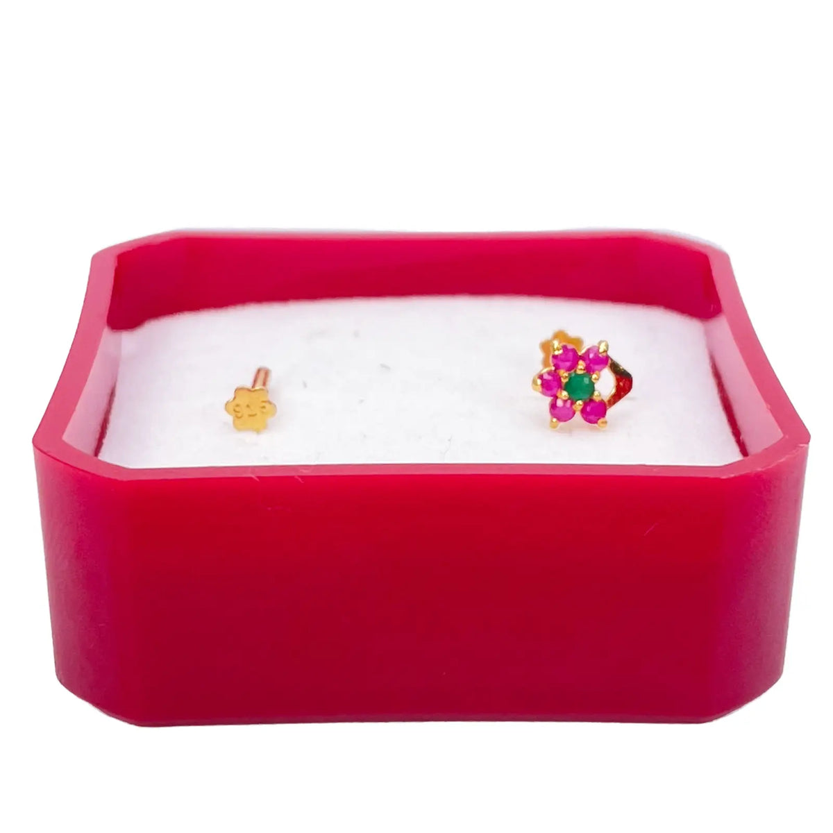 22ct Yellow Gold Floral Shaped Red & Green Gemstone Nose Pin/Stud 5.1mm Width 