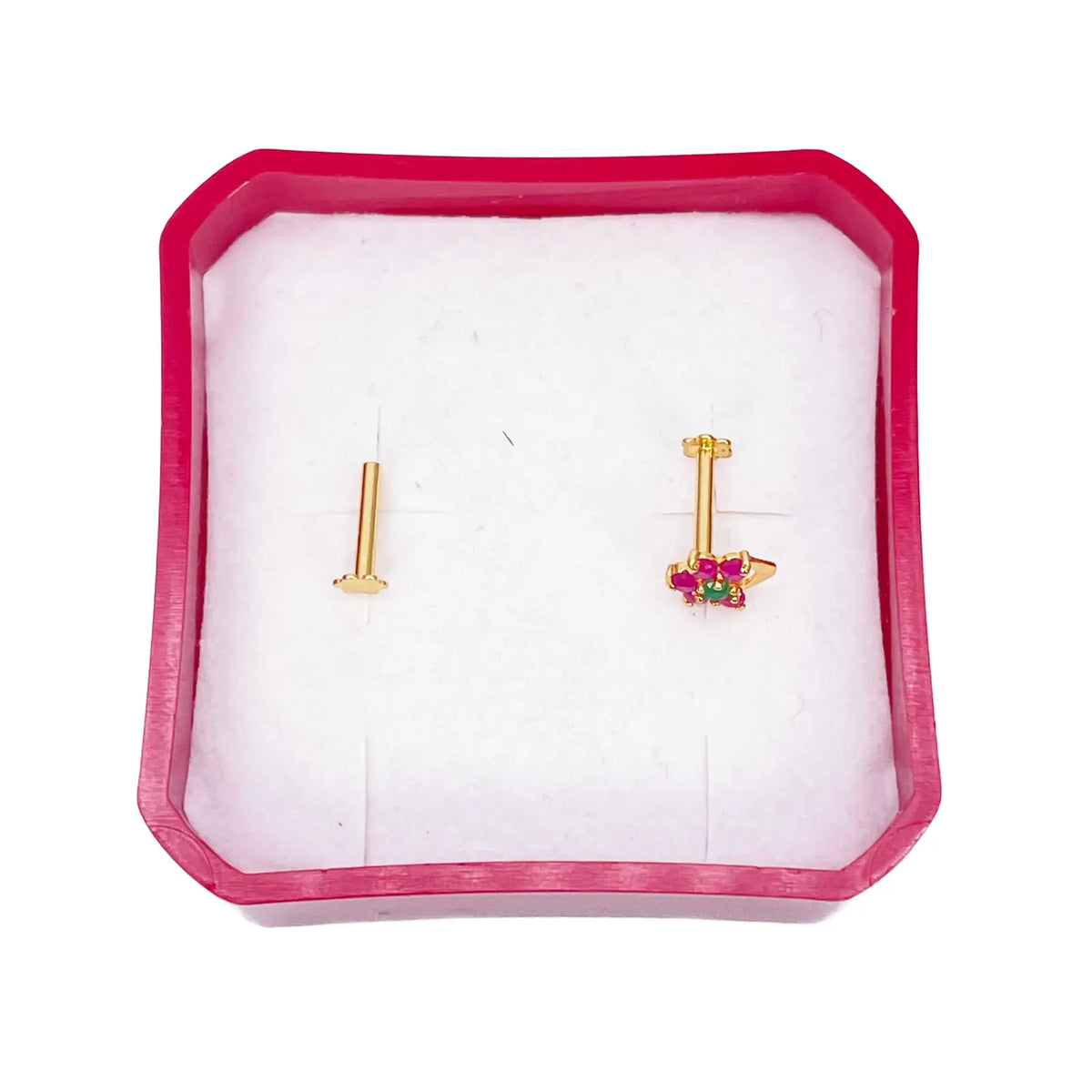 22ct Yellow Gold Floral Shaped Red & Green Gemstone Nose Pin/Stud 5.1mm Width 