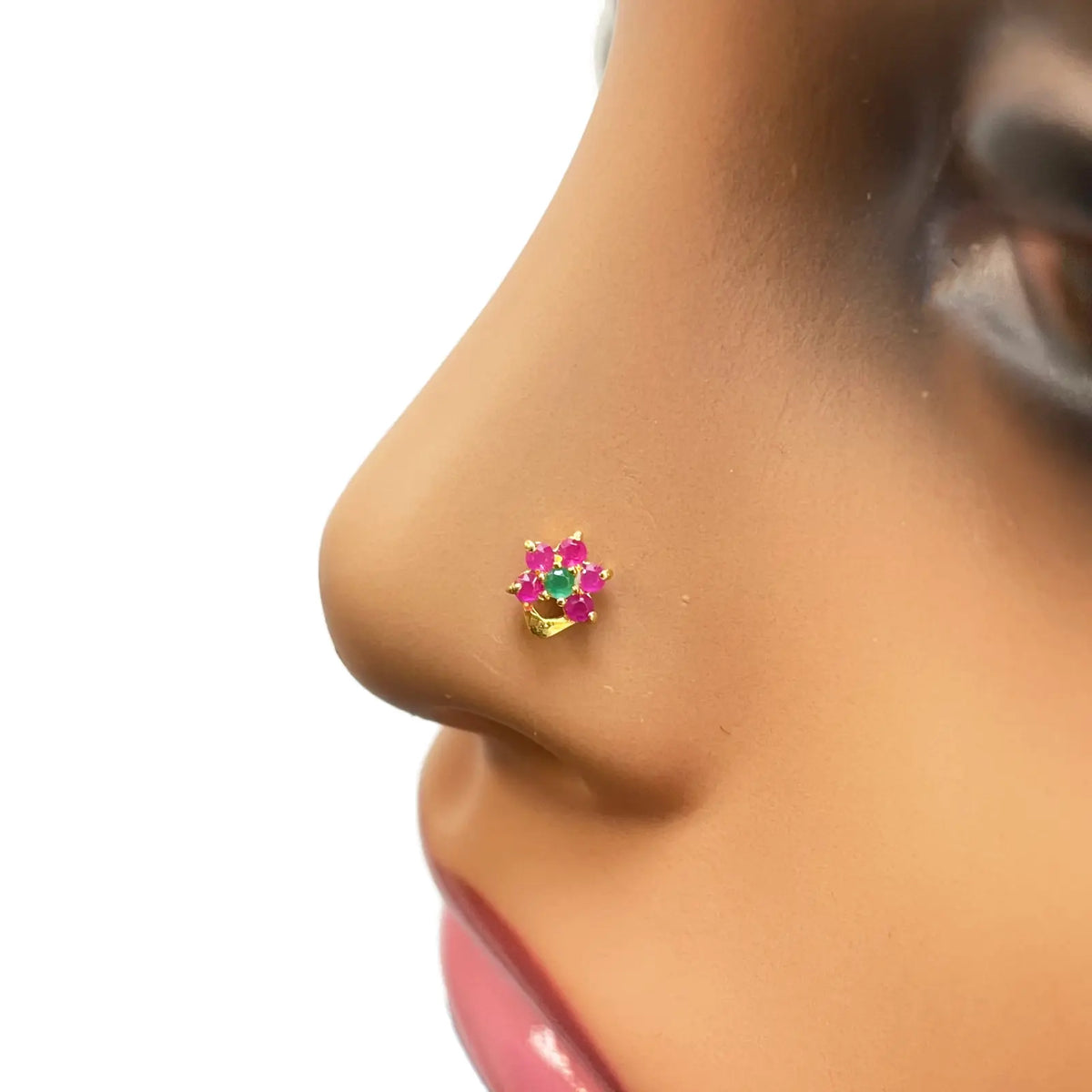 22ct Yellow Gold Floral Shaped Red & Green Gemstone Nose Pin/Stud 5.1mm Width 