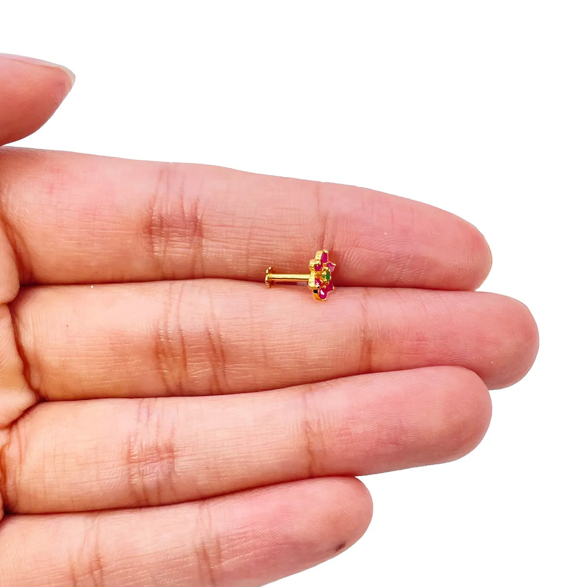 22ct Yellow Gold Floral Shaped Red & Green Gemstone Nose Pin/Stud 5.9mm Width 
