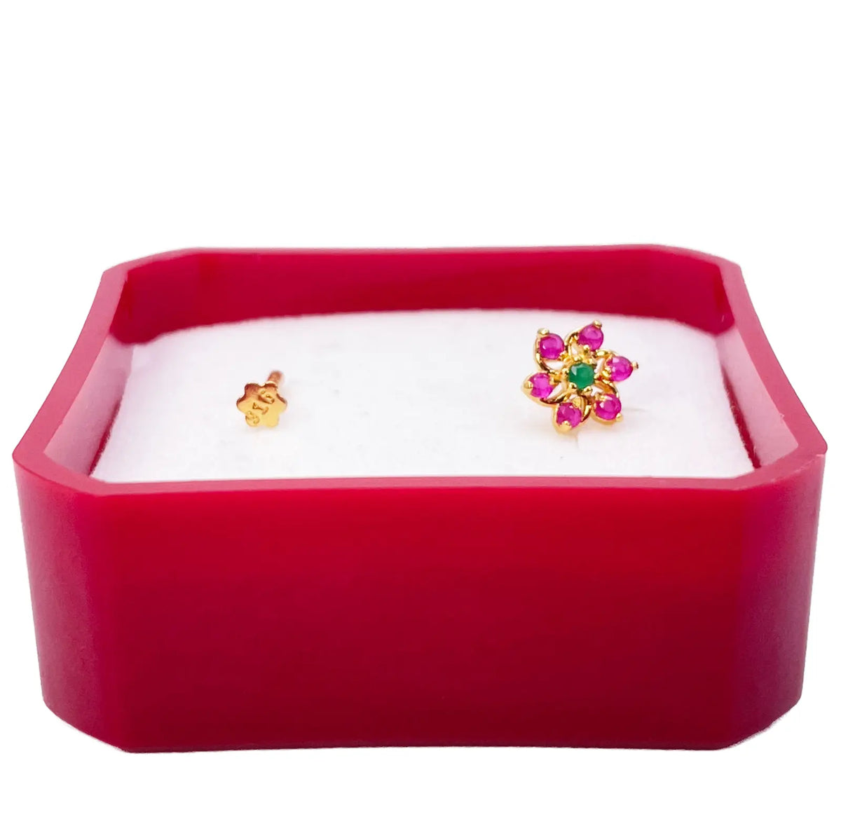 22ct Yellow Gold Floral Shaped Red & Green Gemstone Nose Pin/Stud 5.9mm Width 