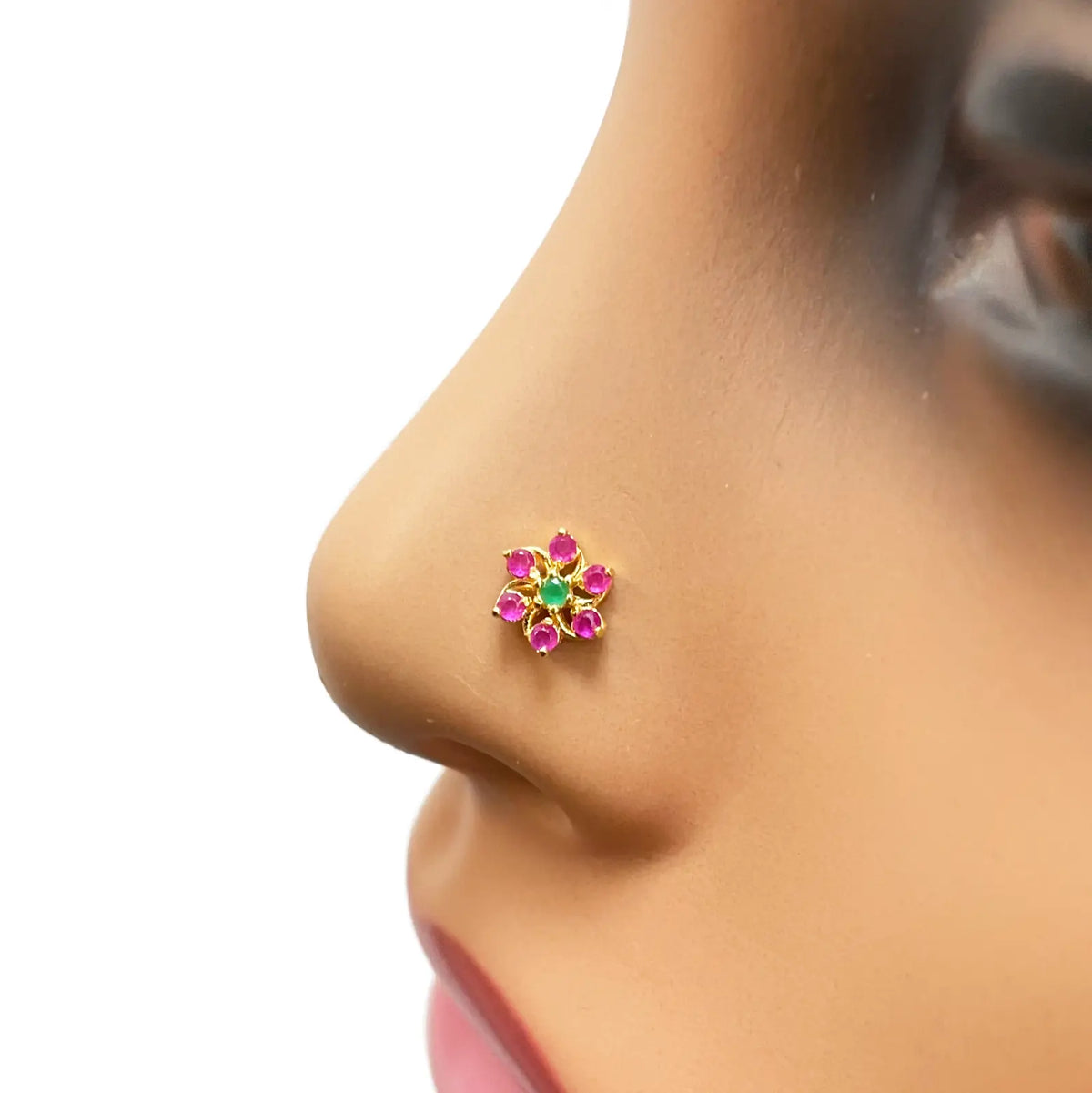 22ct Yellow Gold Floral Shaped Red & Green Gemstone Nose Pin/Stud 5.9mm Width 