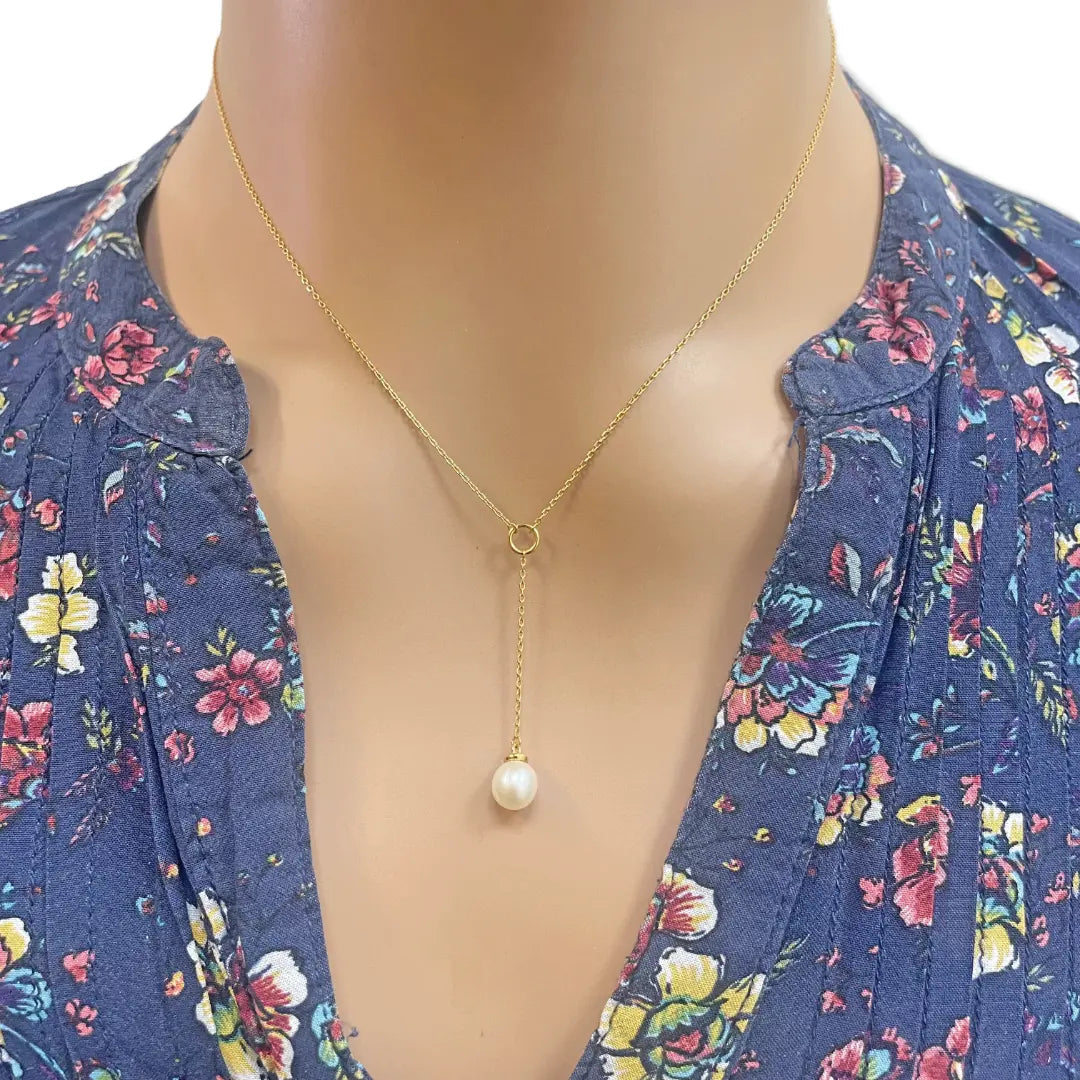 22ct Yellow Gold Freshwater Pearl Drop Chain Necklace 16 inches 