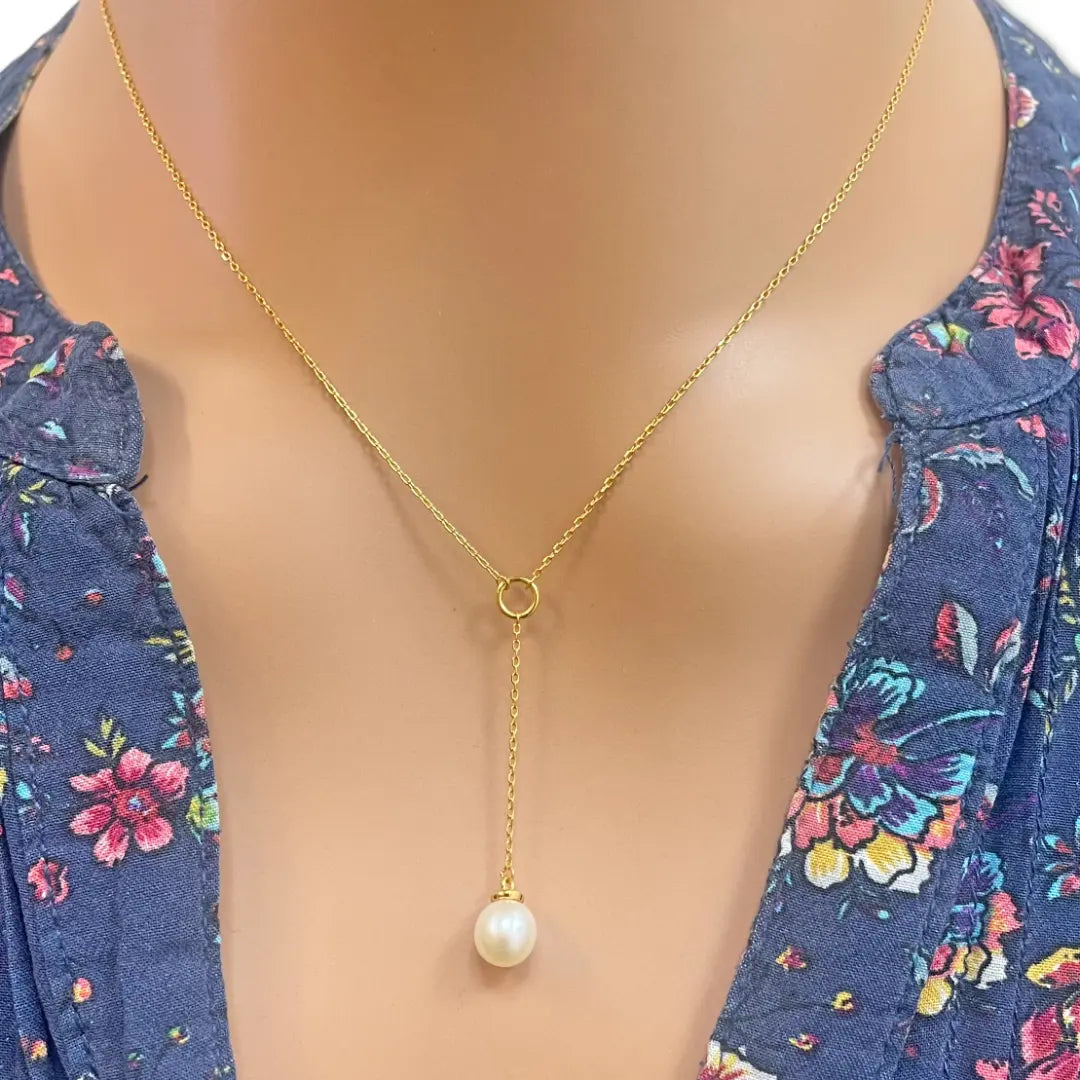 22ct Yellow Gold Freshwater Pearl Drop Chain Necklace 16 inches 