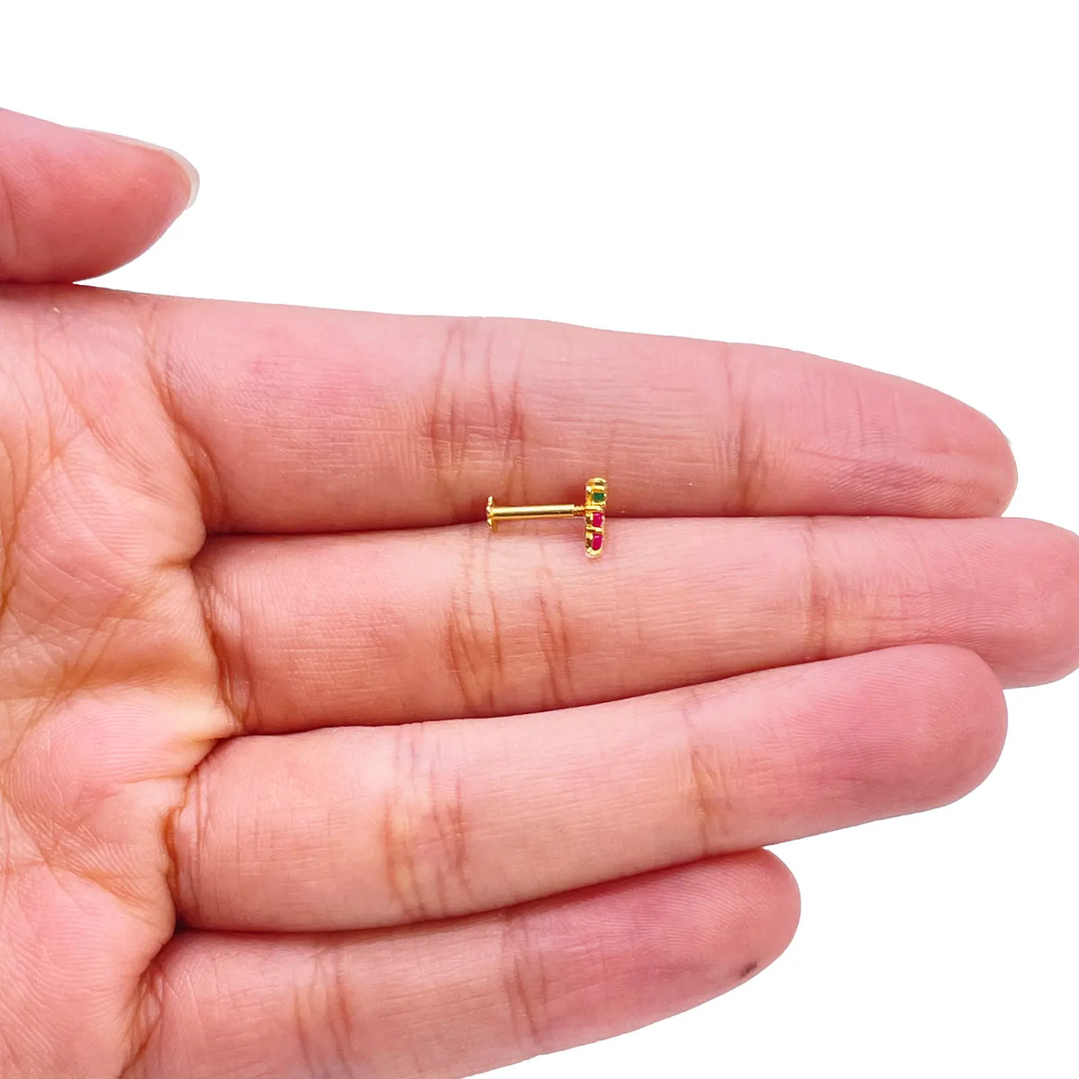 22ct Yellow Gold Fruit Red & Green Gemstone Nose Pin/Stud 4mm Width 