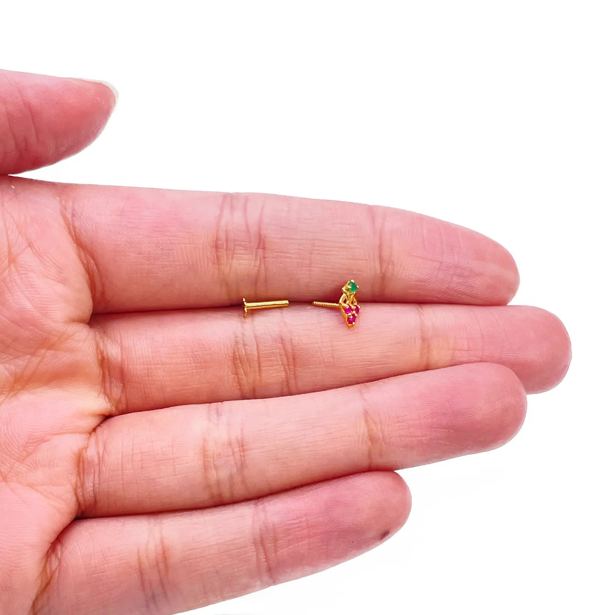 22ct Yellow Gold Fruit Red & Green Gemstone Nose Pin/Stud 4mm Width 