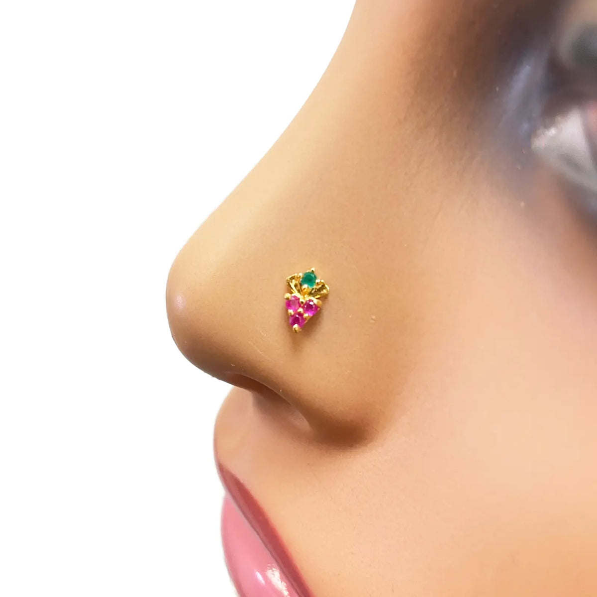 22ct Yellow Gold Fruit Red & Green Gemstone Nose Pin/Stud 4mm Width 