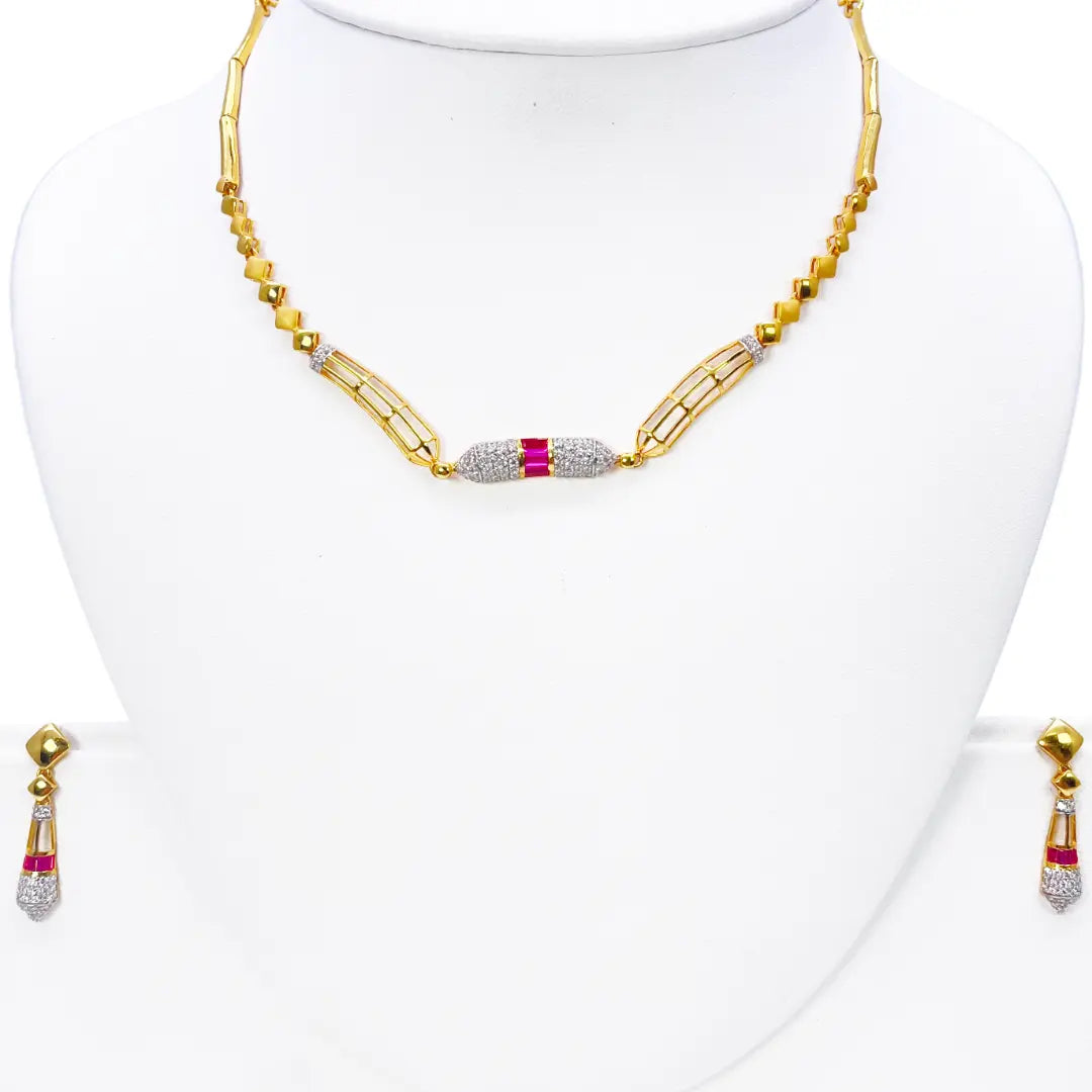 22ct Yellow Gold High Polished Fancy Necklace & Earrings Set 14.5 Inches 
