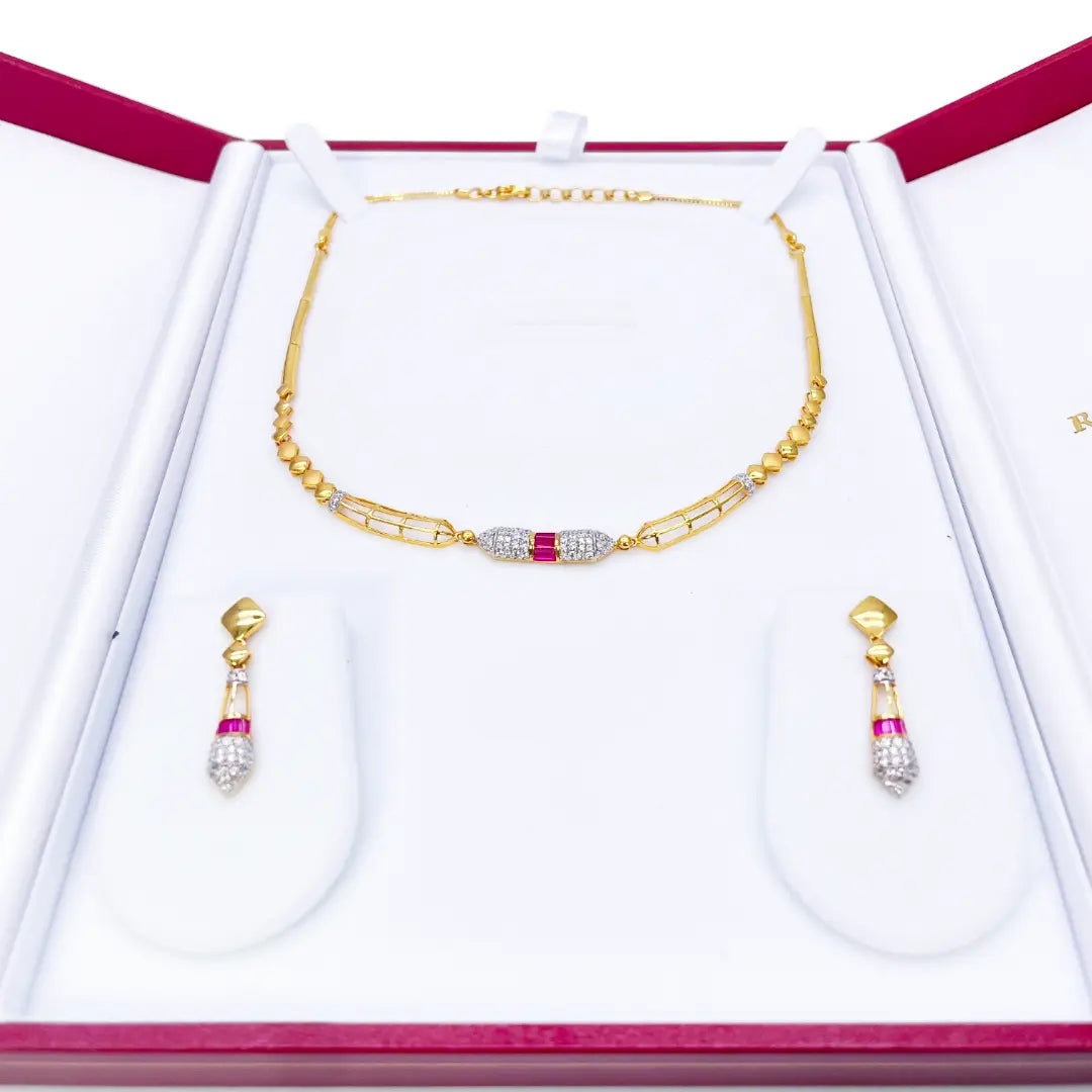 22ct Yellow Gold High Polished Fancy Necklace & Earrings Set 14.5 Inches 