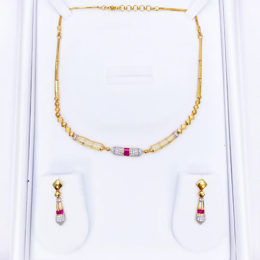22ct Yellow Gold High Polished Fancy Necklace & Earrings Set 14.5 Inches 