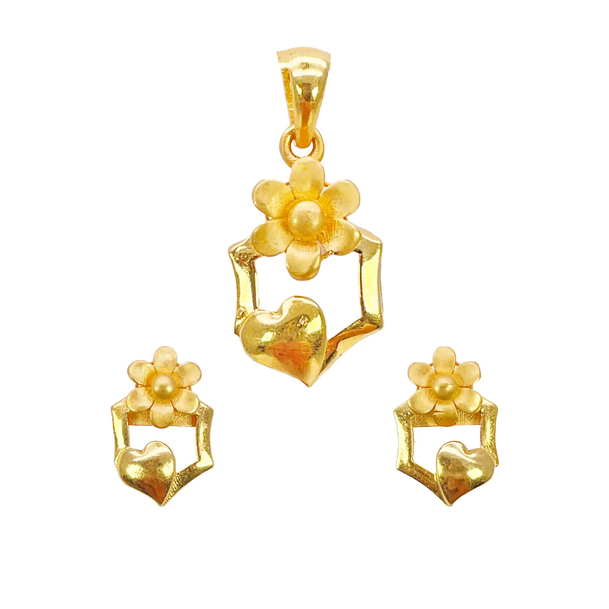 22ct Yellow Gold High Polished Floral Heart Cut Out Pendant Earring Set  Jewellery Set