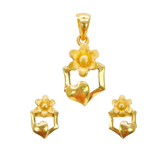 22ct Yellow Gold High Polished Floral Heart Cut Out Pendant Earring Set  Jewellery Set
