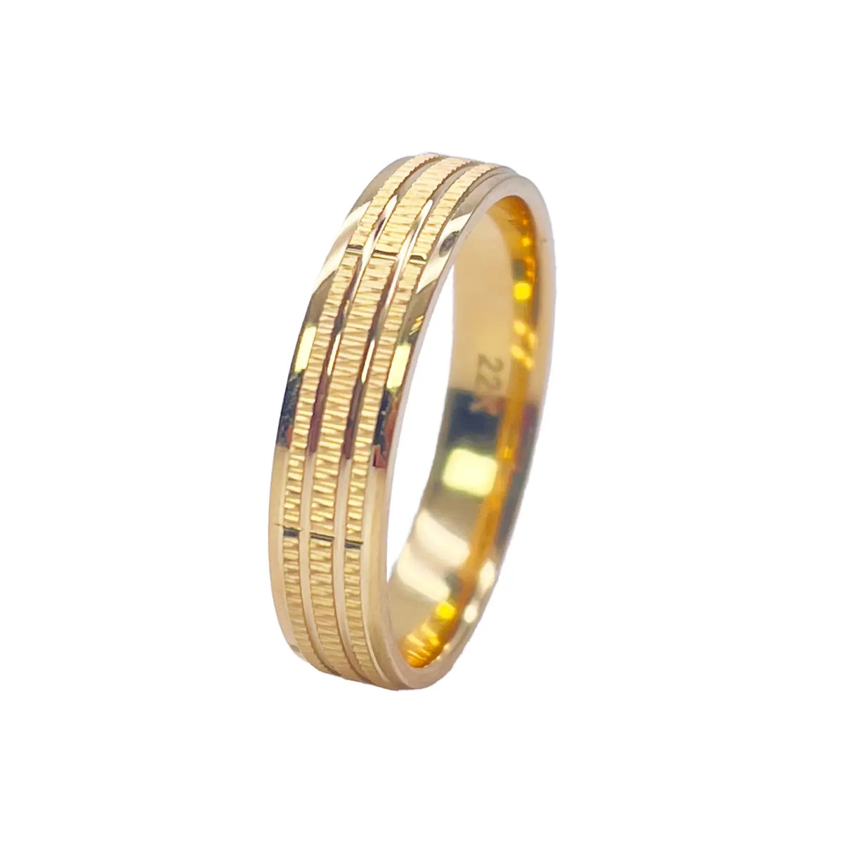 22ct Yellow Gold High Polished & Triple Row Textured Women's Wedding Band 4mm 