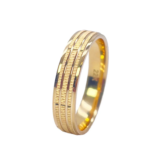 22ct Yellow Gold High Polished & Triple Row Textured Women's Wedding Band 4mm 