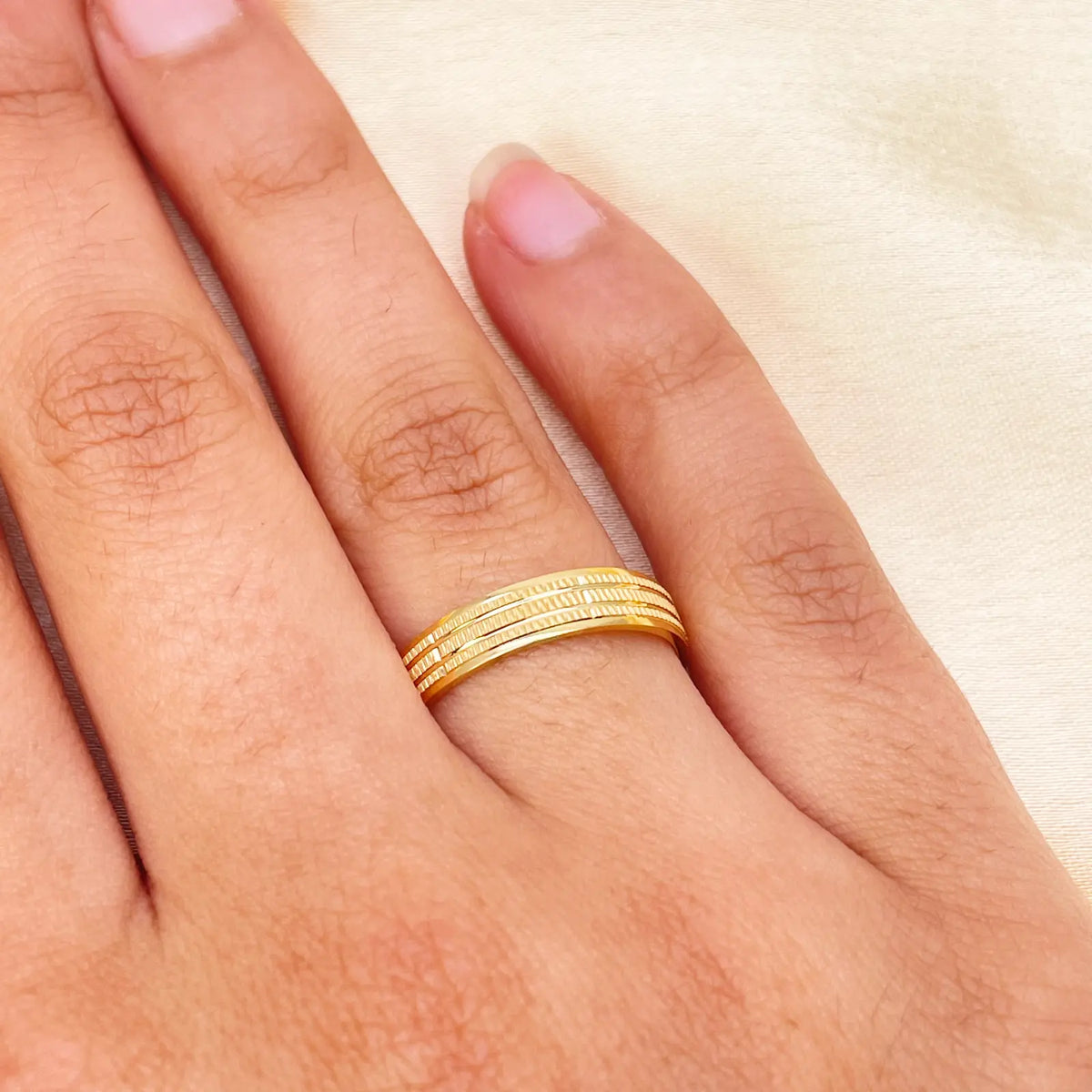22ct Yellow Gold High Polished & Triple Row Textured Women's Wedding Band 4mm 