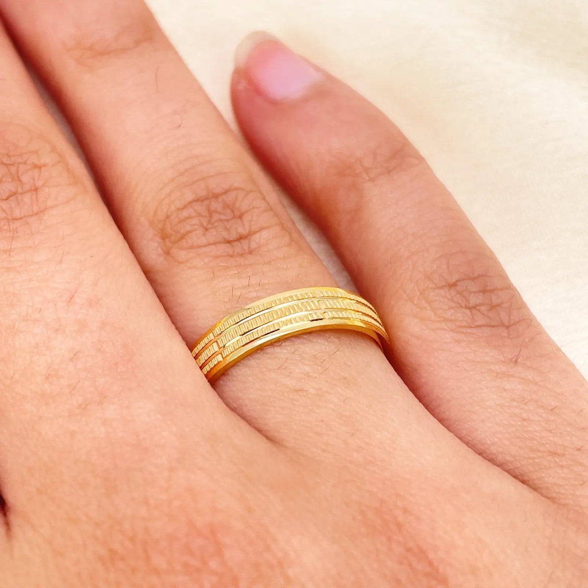 22ct Yellow Gold High Polished & Triple Row Textured Women's Wedding Band 4mm 