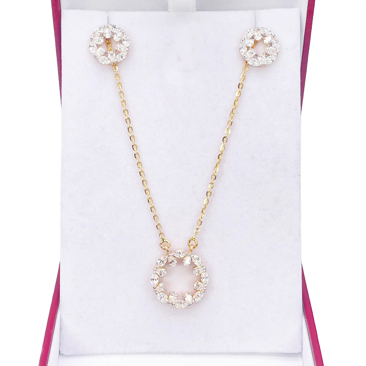 22ct Yellow Gold Ladies Sparkly Cubic Zirconia 17.5 Inch Necklace & Stud Earrings Set 