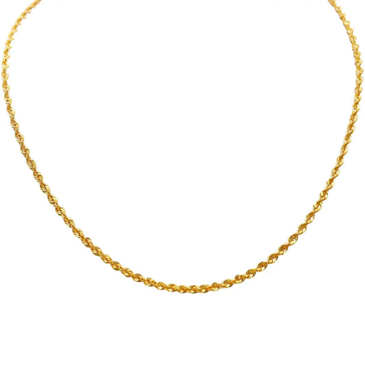 22ct Yellow Gold Lightweight Hollow Rope Chain Necklace 16 Inches 2.2mm Width 