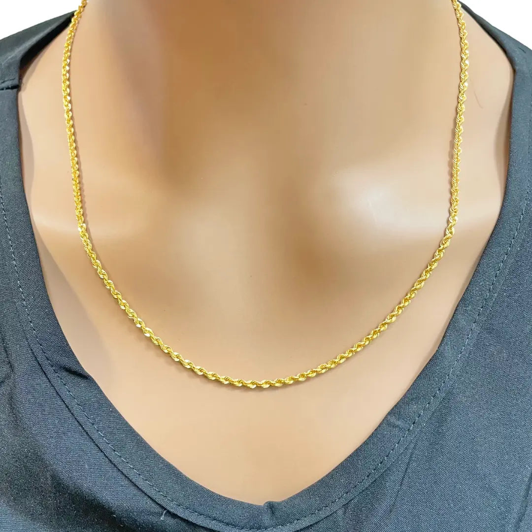 22ct Yellow Gold Lightweight Hollow Rope Chain Necklace 20 Inches 2.2mm Width 