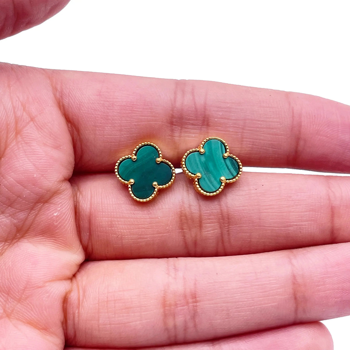22ct Yellow Gold Malachite Clover Stud Earrings 11mm Width 