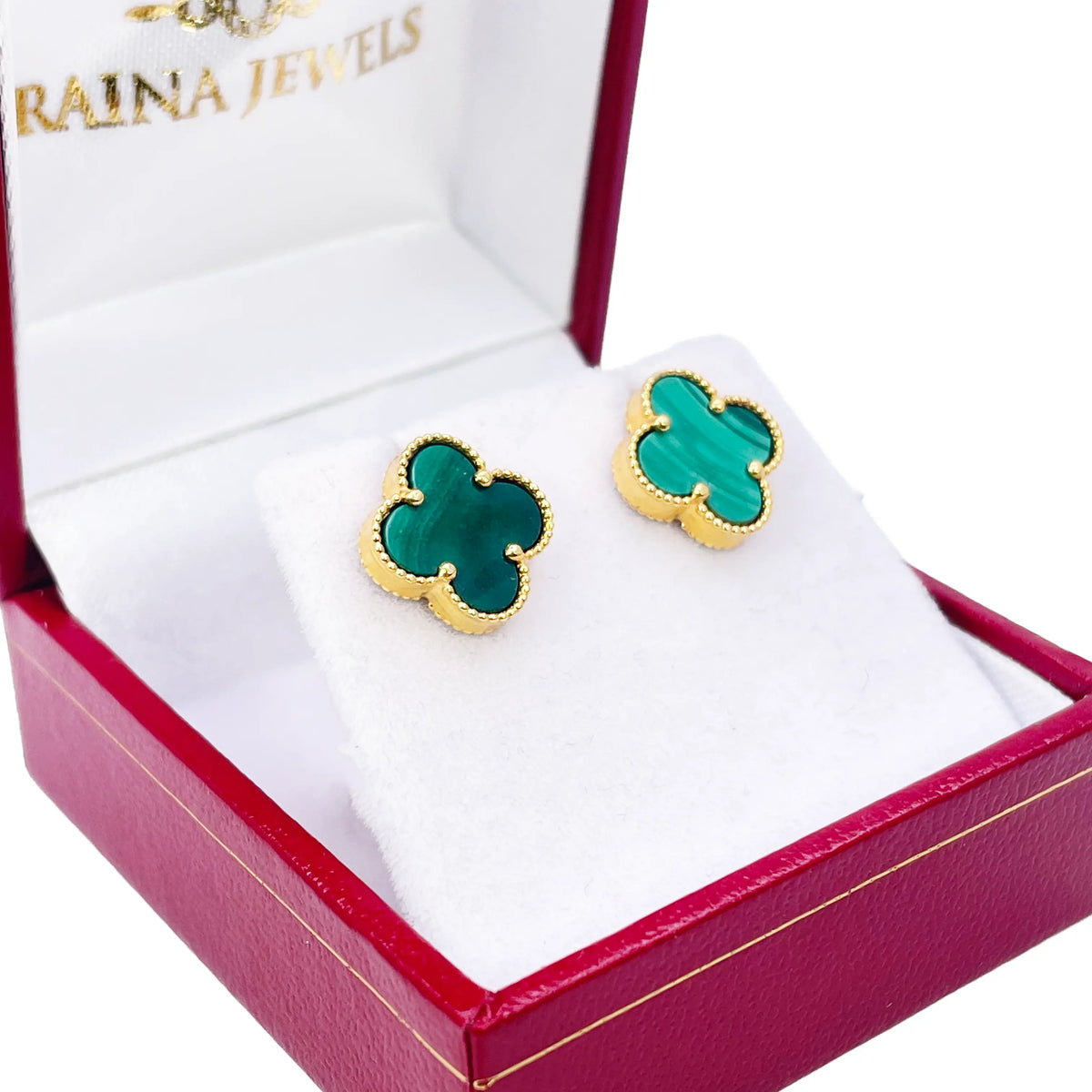 22ct Yellow Gold Malachite Clover Stud Earrings 11mm Width 