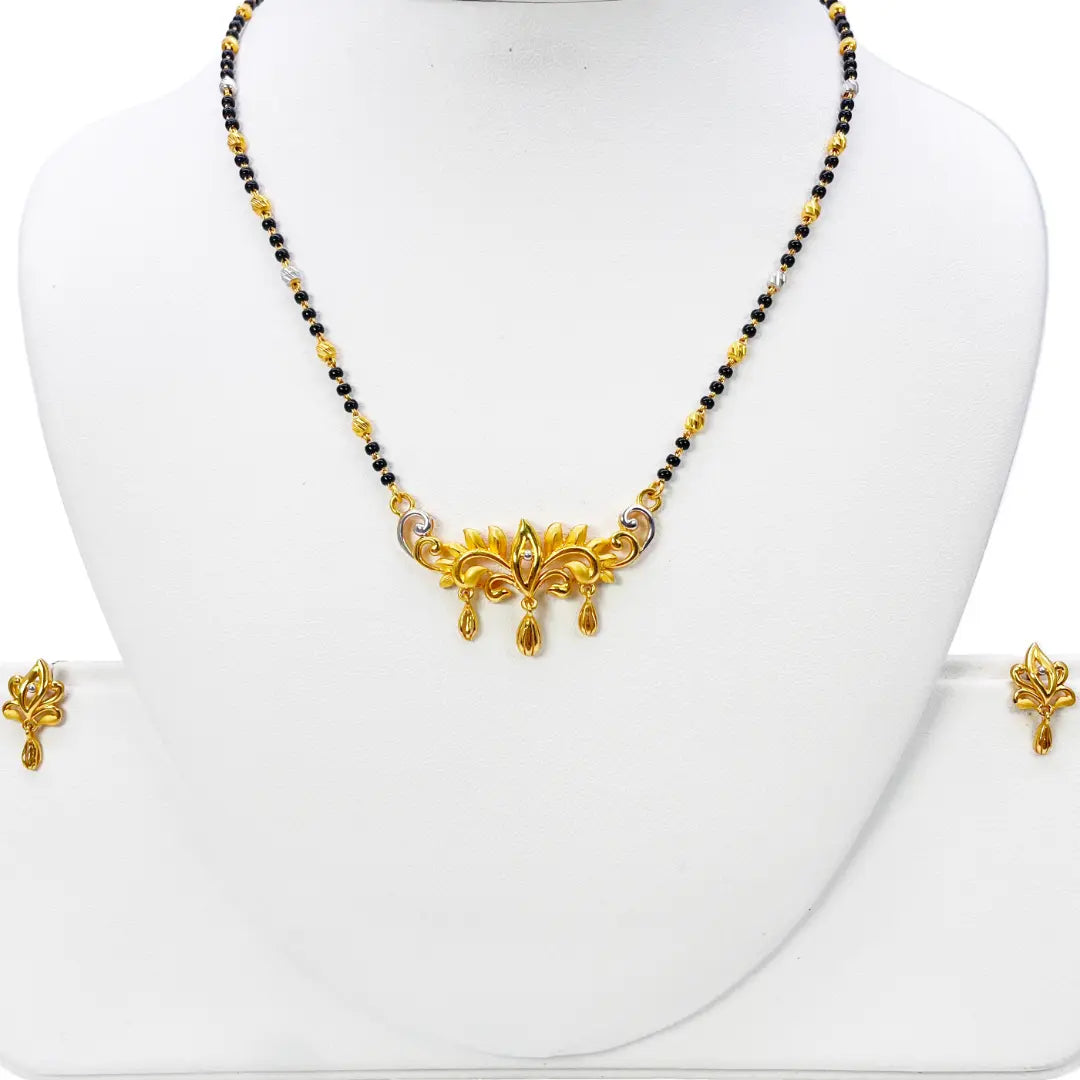 22ct Yellow Gold Mangalsutra Floral Design Necklace and Earrings Set 20.5'' inch 