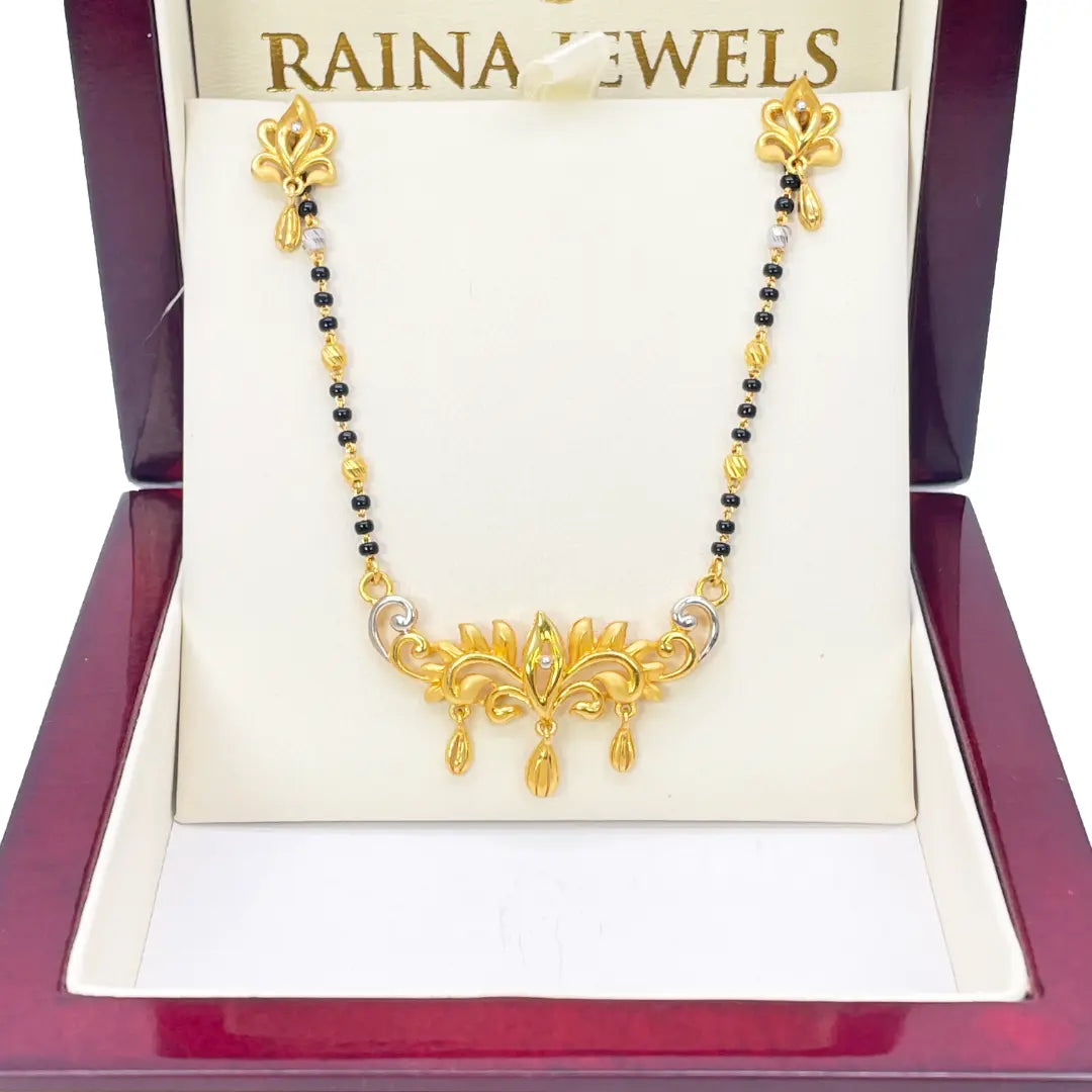 22ct Yellow Gold Mangalsutra Floral Design Necklace and Earrings Set 20.5'' inch 