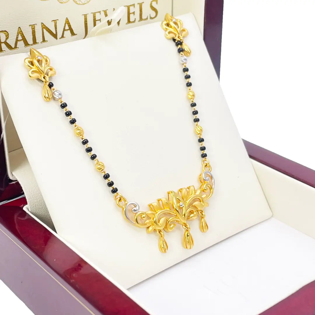 22ct Yellow Gold Mangalsutra Floral Design Necklace and Earrings Set 20.5'' inch 