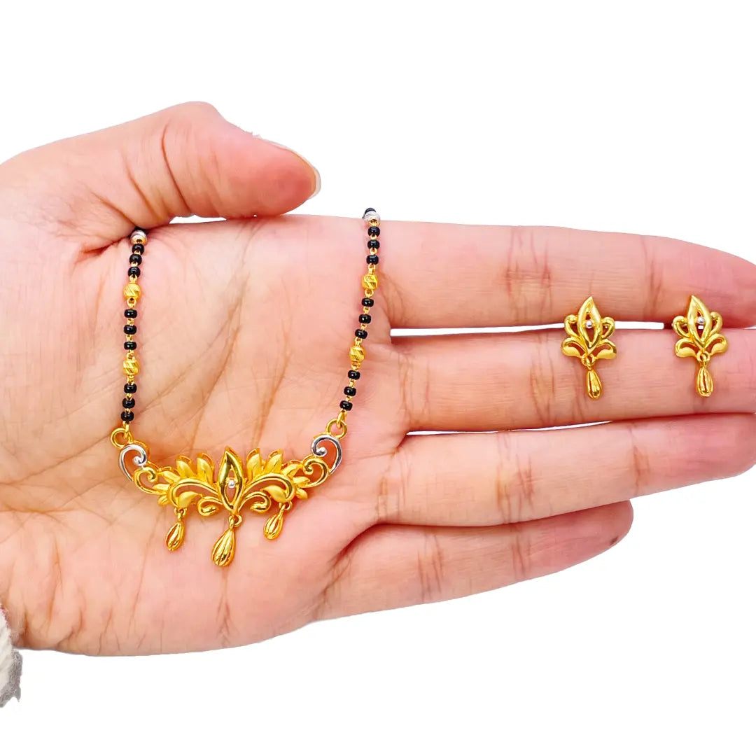 22ct Yellow Gold Mangalsutra Floral Design Necklace and Earrings Set 20.5'' inch 