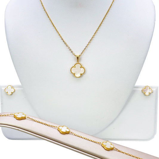 22ct Yellow Gold Mother Of Pearl Clover Necklace, Bracelet & Matching Earrings Set  Diamond Bracelets