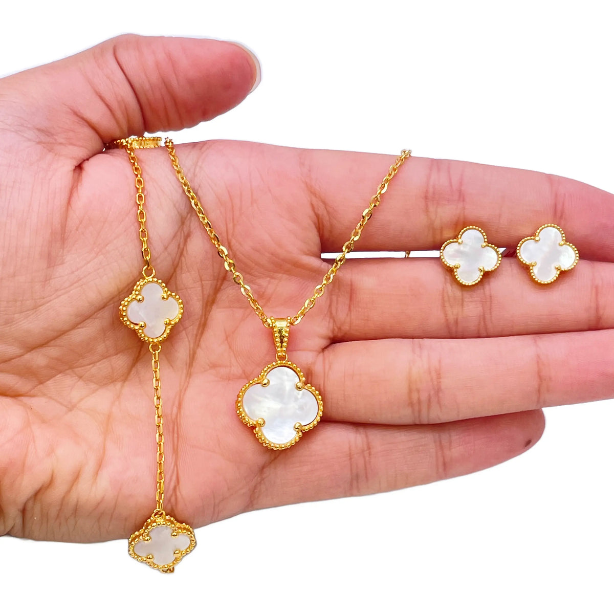 22ct Yellow Gold Mother Of Pearl Clover Necklace, Bracelet & Matching Earrings Set  Diamond Bracelets
