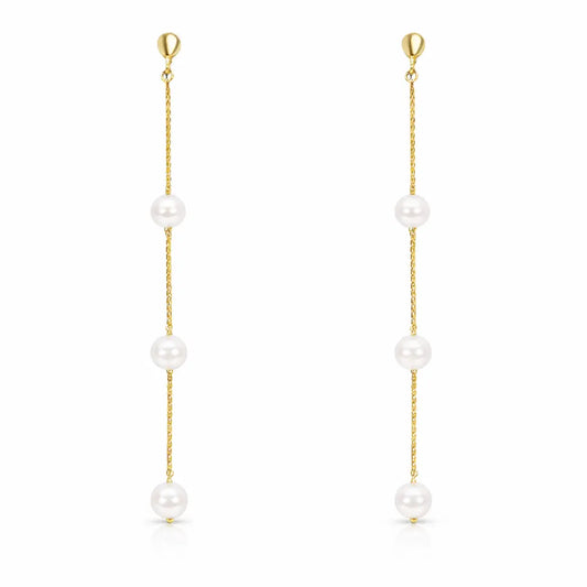 22ct Yellow Gold Natural Freshwater Three White Pearl Drop Earrings 2.5 Inches 